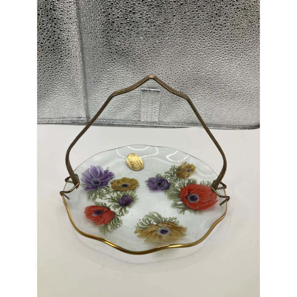 Chance Glass England Candy Dish Serving Tray Floral Design Metal Handle